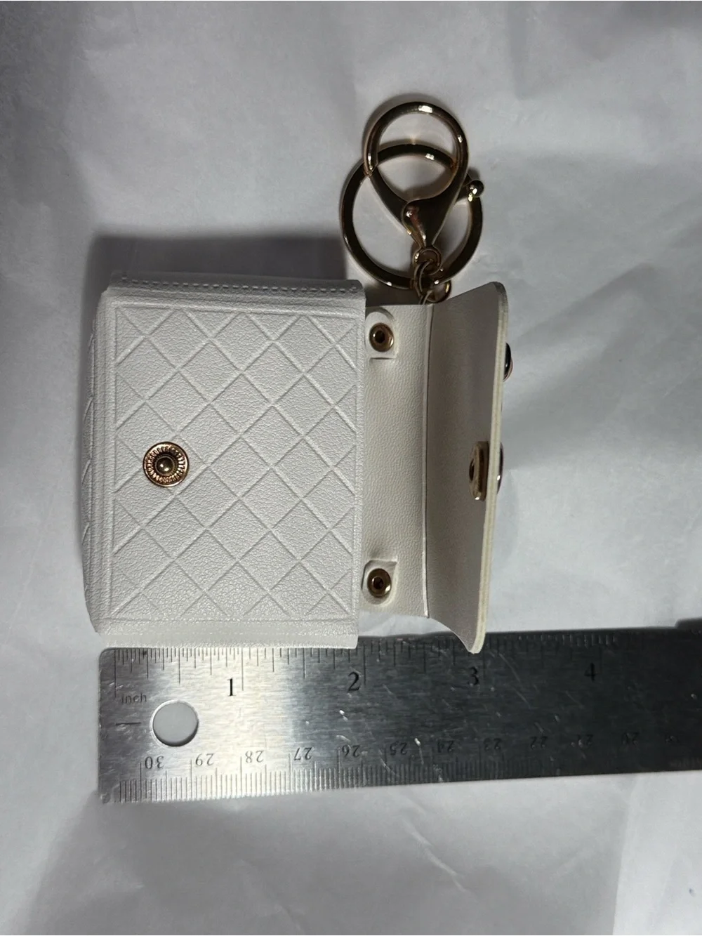 White Quilted Keychain & AirPod holder Gold Tone Hardware and Decorative Charms